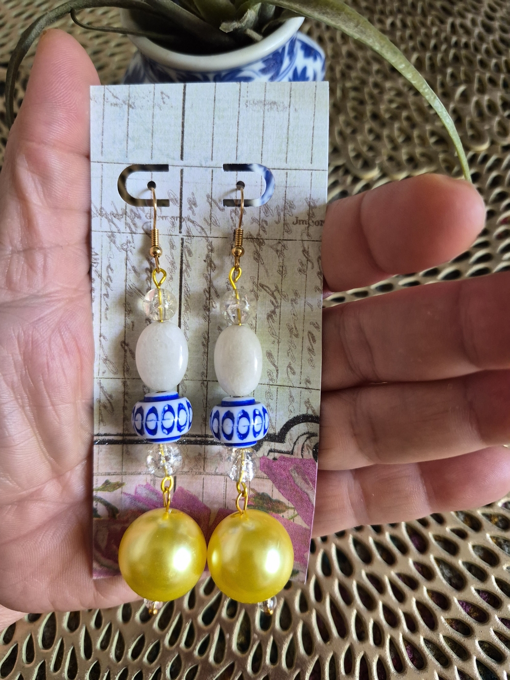 Handmade Dangle Earrings with Blue Ceramic and Yellow Pearls